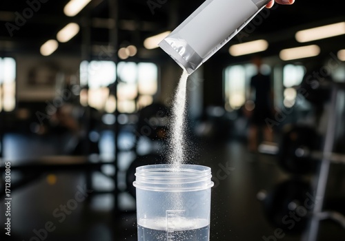 Pouring sports supplement powder into a shaker bottle in a gym.