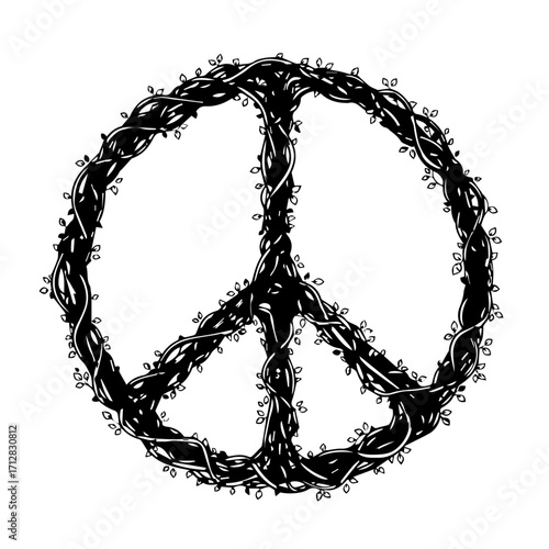 Intricate Black Vine Peace Symbol Detailed Texture Artistic Design Isolated.