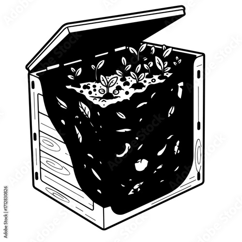 Black and White Illustration of a Wooden Compost Bin with Sprouting Plants.