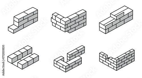 Isometric brick wall corner and straight segment arrangements illustration