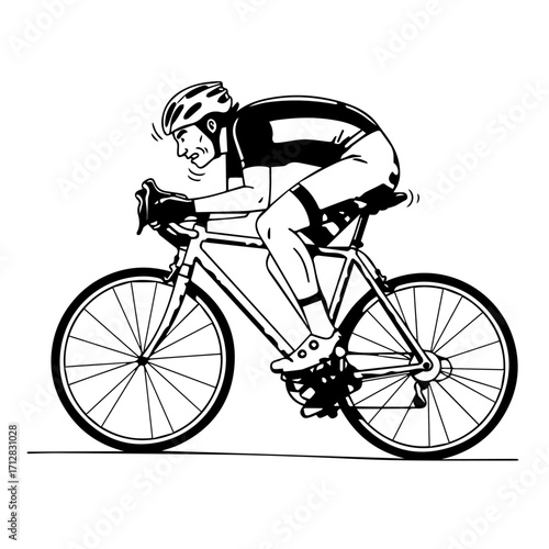 Black and White Illustration of Cyclist in Aerodynamic Position on Bicycle.