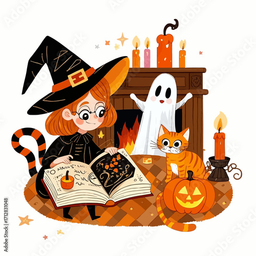 A young witch reads a spellbook with her cat and a friendly ghost near a fireplace.