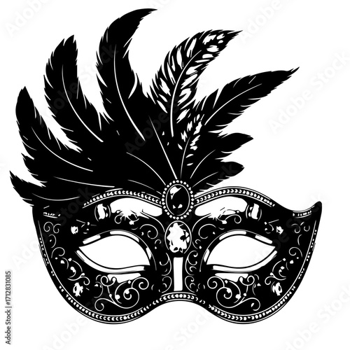 Intricately Decorated Venetian Masquerade Mask with Feathers and Ornate Details.