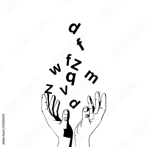 Black and White Illustration of Hands Catching Floating Alphabet Letters.