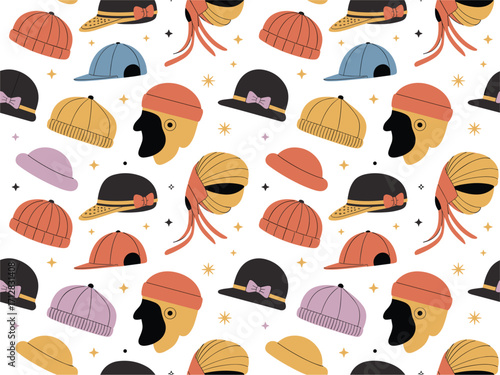Seamless Headwear Silhouette Icon Pattern with Fashion Elements
