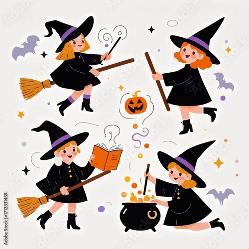 Four cartoon witches in black hats and robes are depicted flying on brooms, reading a spellbook, and stirring a cauldron, surrounded by Halloween elements.