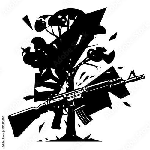 Detailed Black and White Illustration of an AK47 Assault Rifle with Abstract Elements.