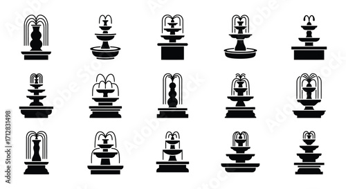 Collection of tiered decorative fountain icons in a black and white style
