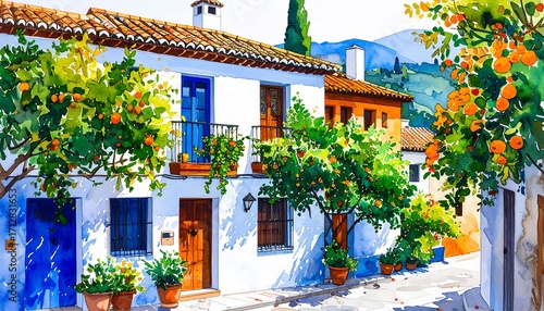 Vibrant watercolor painting of a Spanish street scene with colorful houses and citrus trees