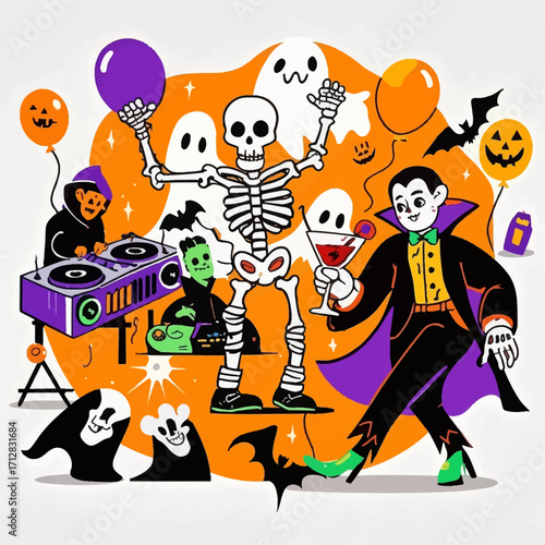 A vibrant Halloween party scene featuring dancing skeletons, a vampire, Frankenstein's monster, ghosts, bats, and balloons, with a DJ spinning tunes.