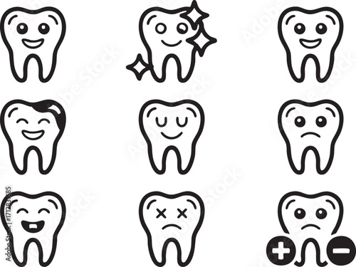 Set of nine cartoon tooth icons with different facial expressions Keywords: tooth, dental, smile, happy, sad, sick, healthy, clean, sparkling