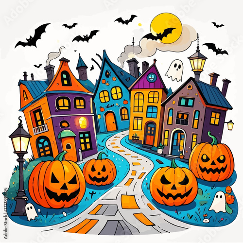 Whimsical Halloween street scene with glowing jack-o'-lanterns, colorful houses, flying bats, and friendly ghosts under a full moon.