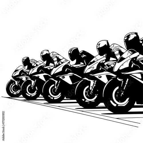 Black and White Illustration of Racing Motorcycles in a Line Ready to Race.