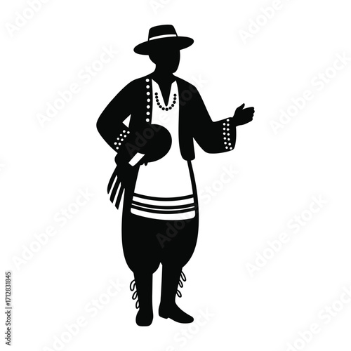 Traditional folk singer silhouette wearing cultural outfit performing isolated black and white vector illustration