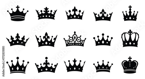 Collection of various ornate black crowns displayed on a white background