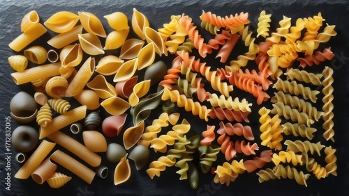 Variety of pasta on dark slate (1)