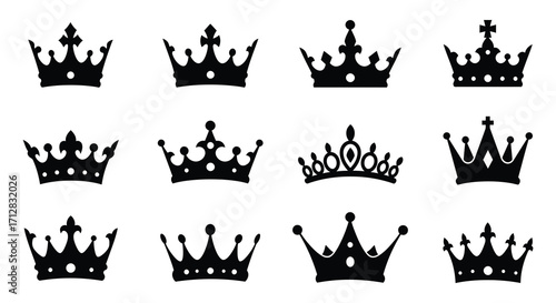 A collection of various ornate black crowns displayed in a grid pattern