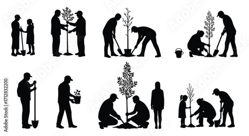 Silhouettes of people planting trees illustrating community environmental efforts