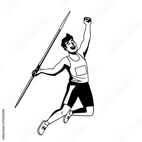 Joyful Athlete Celebrating Victory After Successful Javelin Throw Black and White Illustration.