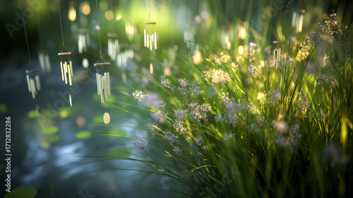 A field of flowers with a pond in the background. The flowers are purple and the pond is blue