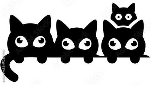 Curious black kittens peeking over a ledge with big, bright eyes and playful tails