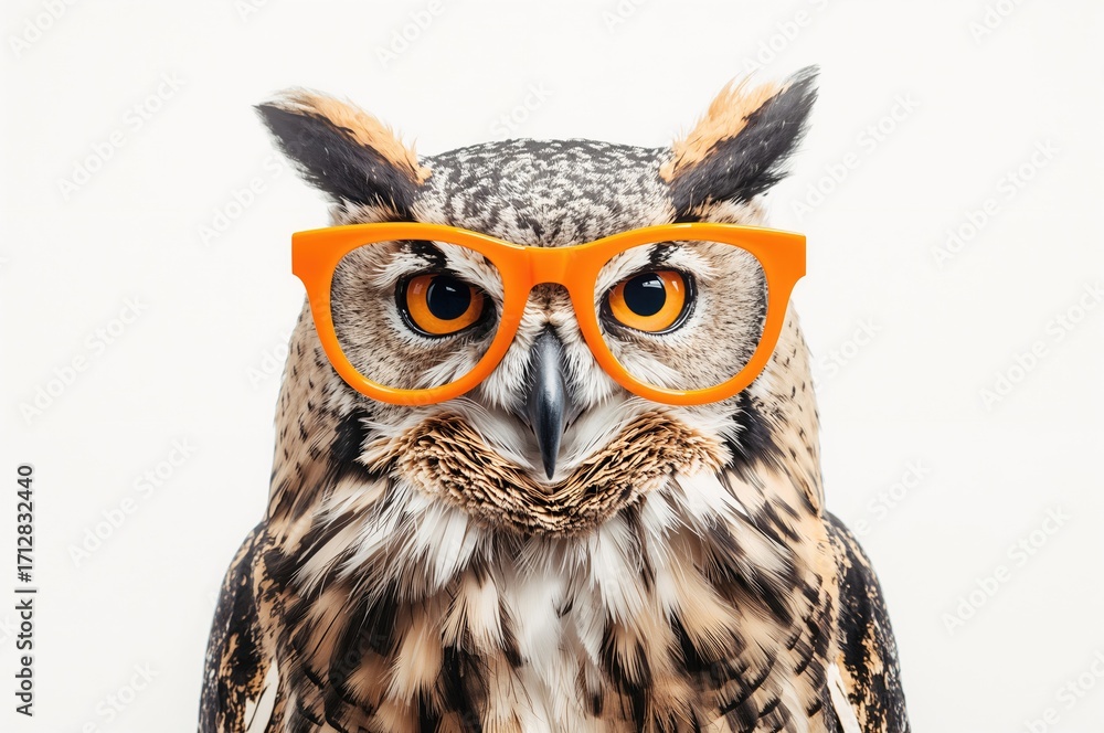 Obraz premium Front view of an eagle owl wearing bright orange spectacles against a plain white backdrop