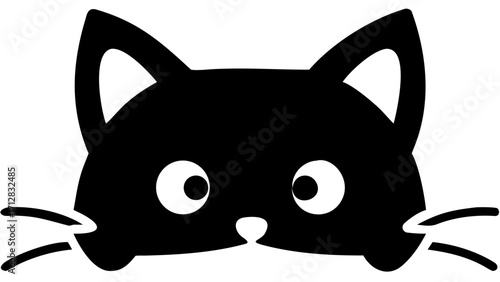Curious black cat peeking with wide curious eyes and long whiskers