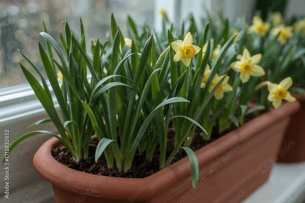 Naklejka premium Fresh green Iris reticulata and Narcissus Minnow bulbs sprouting in a terracotta planter viewed from indoors during early spring.