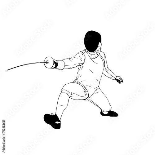 Line Art Depiction of a Fencer in Action with Sword and Protective Gear.