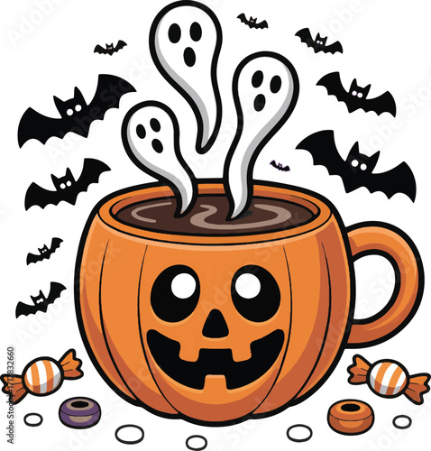 Spooky Halloween Pumpkin Mug With Ghosts Bats and Candy On White Background coffee