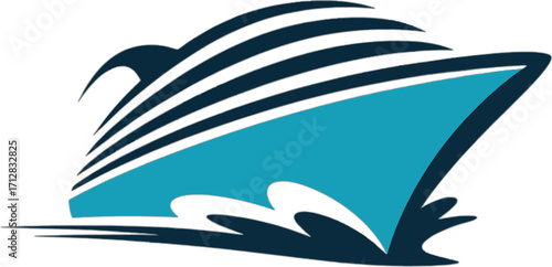 Stylized Cruise Ship Icon with Blue and Dark Blue Waves Keywords: cruise ship, boat, travel, vacation, sea, ocean, water, transportation, nautical