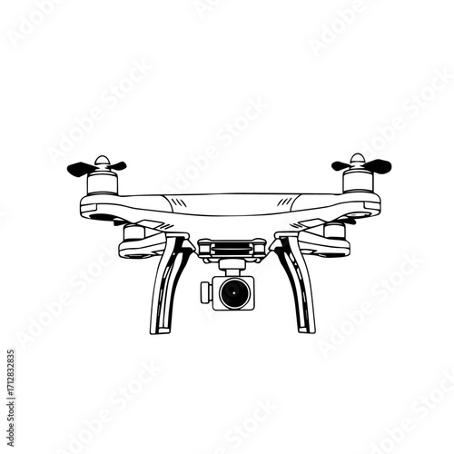 Detailed Black and White Line Art Illustration of a Modern Drone with Camera.