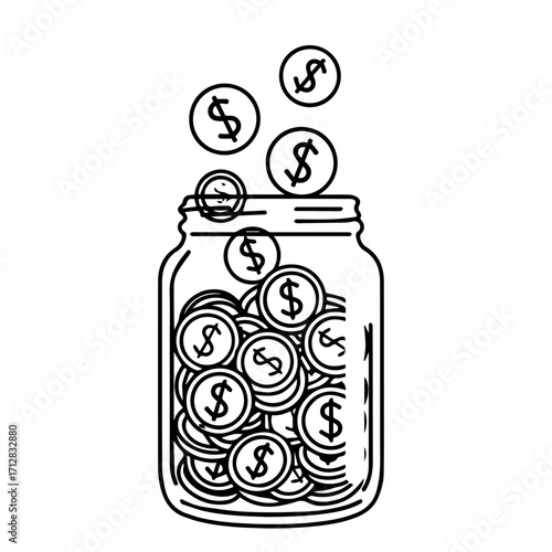 Black and White Line Art Illustration of a Glass Jar Filled with Coins.