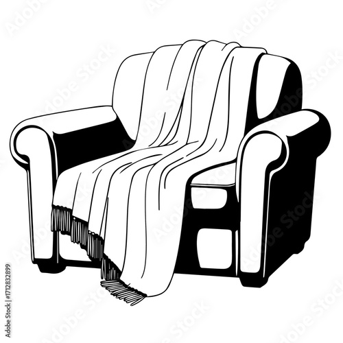 Black and white line art illustration of a cozy armchair with a draped fringed blanket.