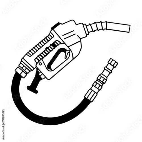 Detailed Black and White Outline of a Fuel Dispenser Nozzle with Hose.