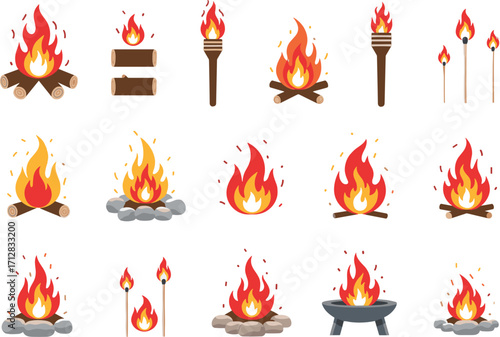 Minimal Flat Fire and Flame Line Icons with Contextual Props.
