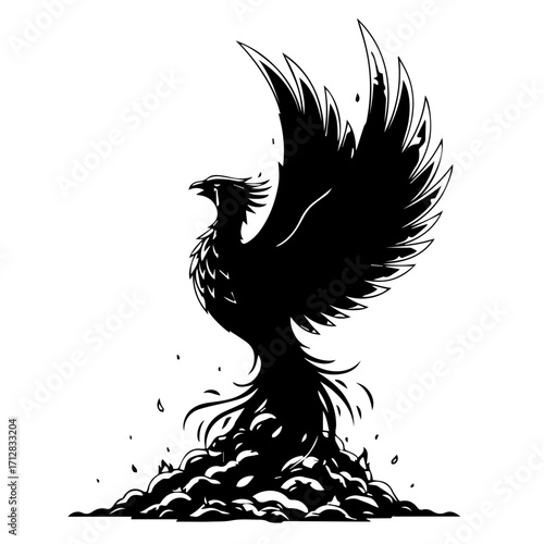 Majestic Black Phoenix Rising from Ashes with Outstretched Wings Silhouette.