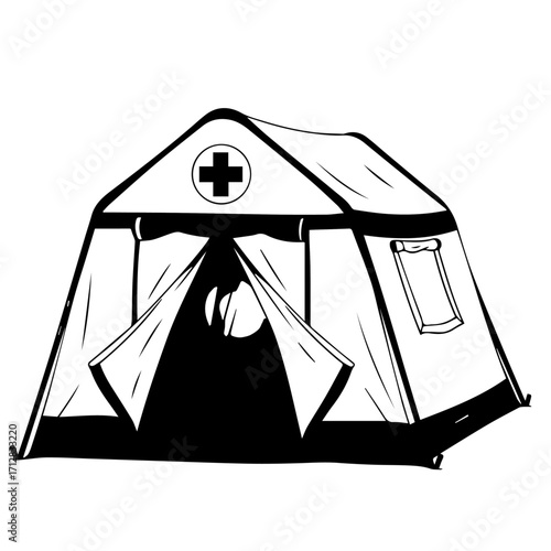 Black and White Medical Tent with Cross Symbol Open Entrance and Window.