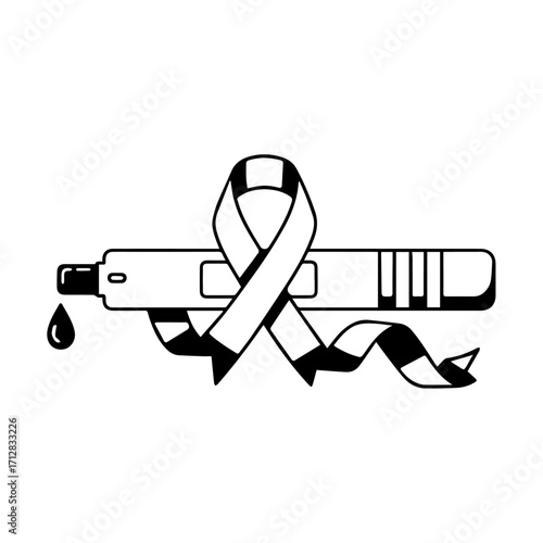 Black and White Medical Test Device with Ribbon and Blood Drop Symbol.