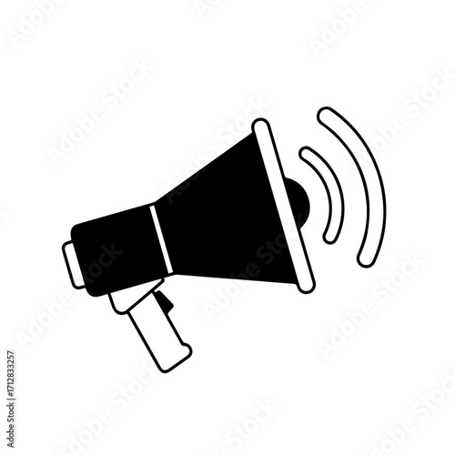 Black and White Megaphone Icon with Sound Waves Announcing Information.