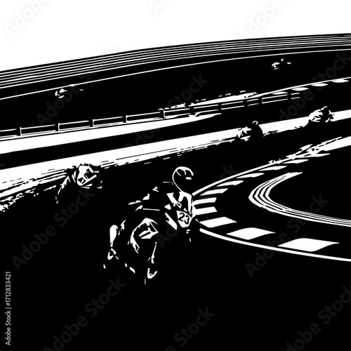 Black and White Motorcycle Racing on a Curved Track Speeding Ahead.