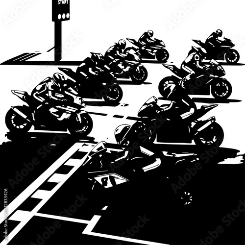 Black and White Motorcycle Race HighSpeed Riders on Sport Bikes at Start Line.