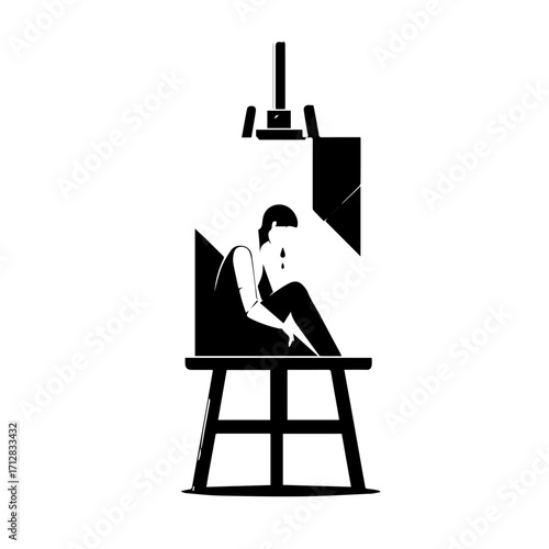 Minimalist black and white graphic of a dejected figure sitting on a stool confined within a deconstructed frame.