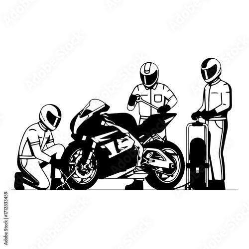 Black and White Motorcycle with Mechanics Performing Maintenance and Repairs.