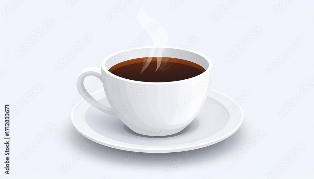 Obraz premium A steaming white cup of coffee on a saucer, isolated on a light background