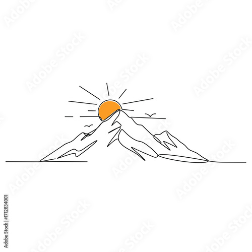 Minimal line art of mountains with sun rising above them  