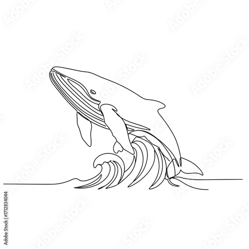 Line art illustration of whale breaching over ocean waves  