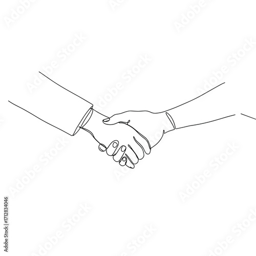 Hands shaking in a simple outline drawing on white background  