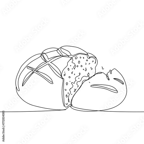 Line drawing of sliced loaf of bread with visible texture and crumbs  