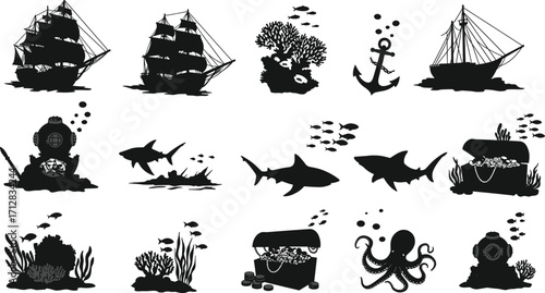 Underwater ocean icons collection, ship, anchor, treasure chest, diver helmet, shark, coral reef, octopus, fish, sea life silhouette illustration